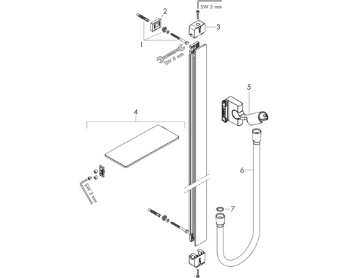 Explosionszeichnung einer Duschkabine mit Einzelteilen