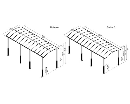 Zeichnung mit Maßangaben von zwei Carport Optionen