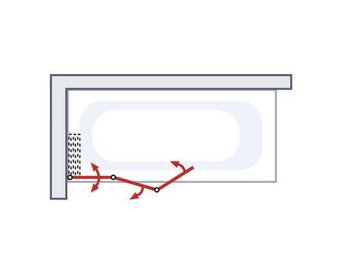 Grafische Darstellung einer Badewannen-Duschabtrennung mit Schwenkbereich