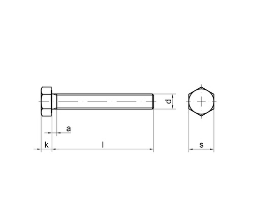 Zeichnung einer Schraube mit Sechskantkopf und Maßangaben
