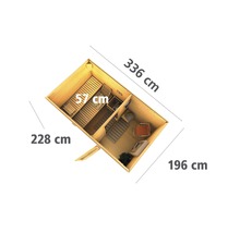 Draufsicht der Gartensauna mit den Maßen 336 mal 228 mal 196 Zentimeter.