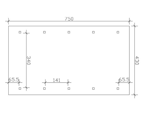 Technische Zeichnung mit Maßangaben für ein rechteckiges Objekt, 750 x 430 mm