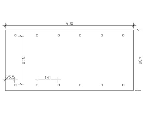 Technische Zeichnung einer Platte mit Maßen 900 x 430 mm und Bohrlöchern