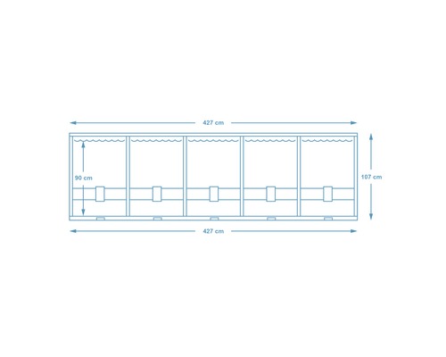 Dimensionsdarstellung eines Schwimmbeckens, Länge 427 cm, Höhe 107 cm, Tiefe 90 cm