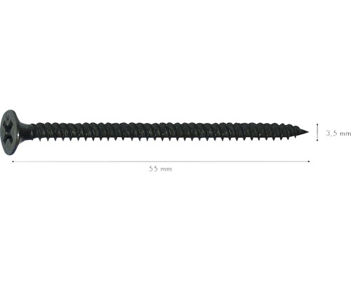 Schwarze Holzschraube mit Senkkopf, 55 Millimeter lang und 3,5 Millimeter Durchmesser