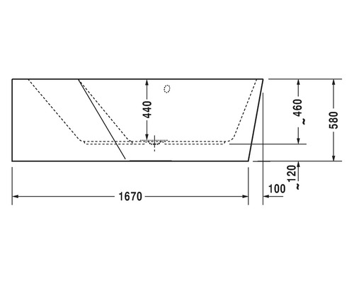 Technische Zeichnung einer Badewanne mit Maßangaben