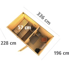Draufsicht einer Gartensauna mit den Maßen 336 mal 228 mal 196 Zentimeter und einer Bankbreite von 57 Zentimetern.