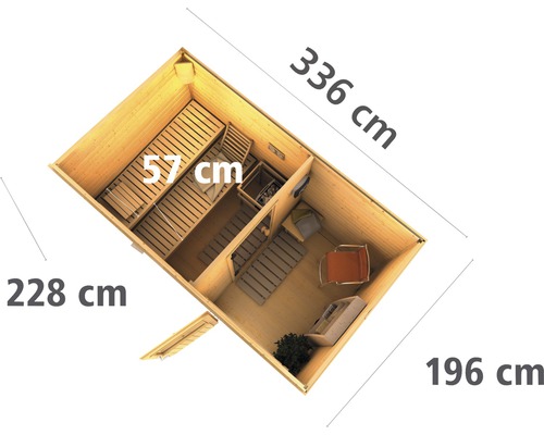 Draufsicht einer Gartensauna mit den Maßen 336 mal 228 mal 196 Zentimeter und einer Bankbreite von 57 Zentimetern.