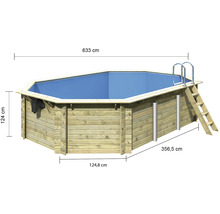 Holzpool mit Leiter und den Maßen 633 cm, 124 cm, 356,5 cm und 124,8 cm