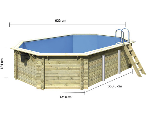 Holzpool mit Leiter und den Maßen 633 cm, 124 cm, 356,5 cm und 124,8 cm