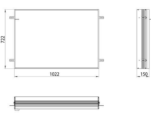 Technische Zeichnung eines Kastens mit den Maßen 1022 x 722 x 150 Millimeter.