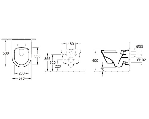 Technische Zeichnung einer Wandtoilette mit Maßangaben.