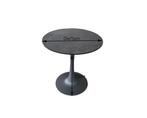 Runder Tisch mit einem Durchmesser von 70 cm und einer Höhe von 72 cm.