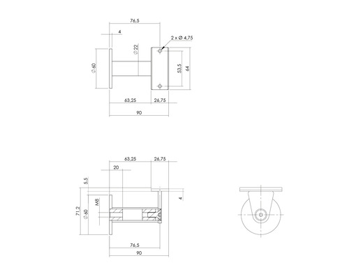 Technische Zeichnung eines Möbelrades mit Maßangaben