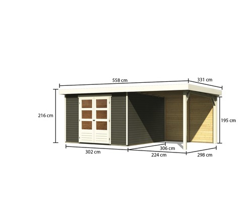Holzgartenhaus mit Carport und Maßangaben