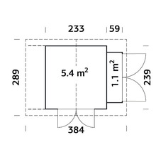 Grundriss eines Gartenhauses mit den Maßen 289 mal 384 Zentimeter