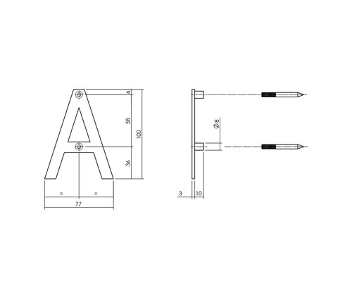 Technische Zeichnung des Buchstaben A mit Maßangaben