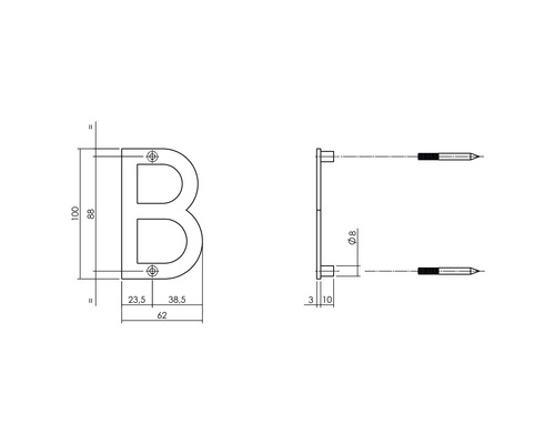 Technische Zeichnung des Buchstaben B mit Maßangaben