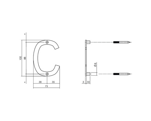 Technische Zeichnung des Buchstabens C mit Maßangaben