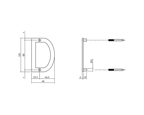 Technische Zeichnung eines Griffes mit Maßangaben