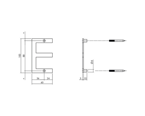 Technische Zeichnung eines Türschildes in E-Form mit Maßangaben