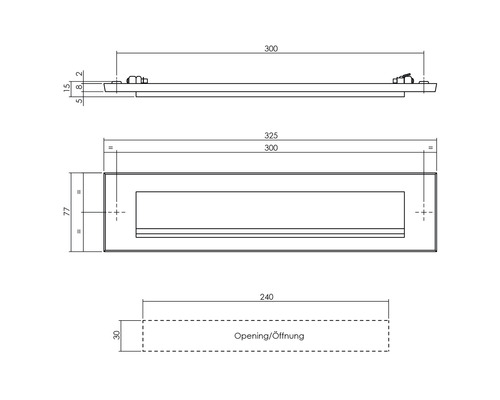Technische Zeichnung eines Briefkastens mit Maßangaben
