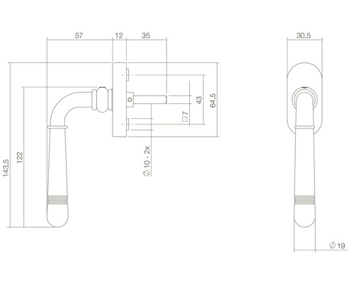 Technische Zeichnung eines Fenstergriffs mit Maßangaben