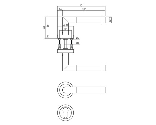 Technische Zeichnung einer Türklinke mit Maßangaben