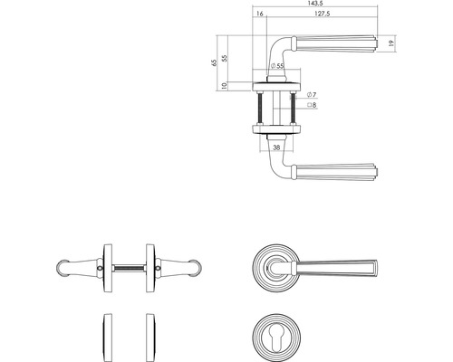 Technische Zeichnung eines Türdrückers mit Maßen