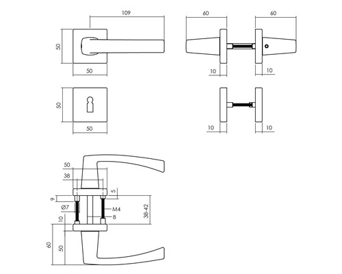 Technische Zeichnung eines Türgriffs mit Maßangaben
