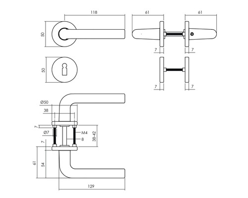 Technische Zeichnung Türdrücker mit Maßen