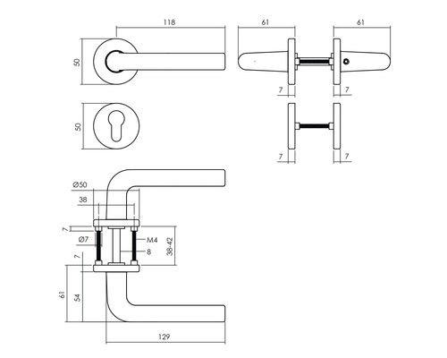 Technische Zeichnung eines Türdrückers mit Maßangaben