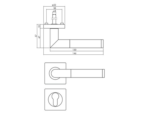 Technische Zeichnung eines Türdrückers mit Maßen.