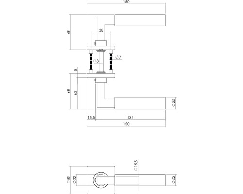 Technische Zeichnung eines Türdrückers mit Maßangaben