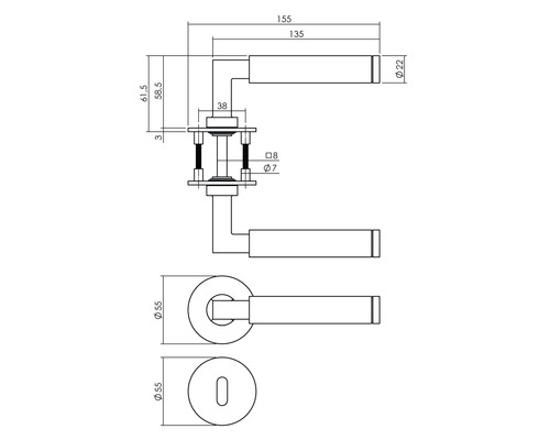 Technische Zeichnung eines Türdrückers mit Maßangaben