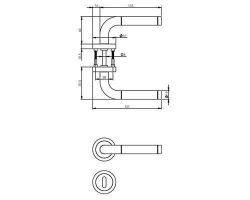 Technische Zeichnung eines Türdrückers mit Maßen
