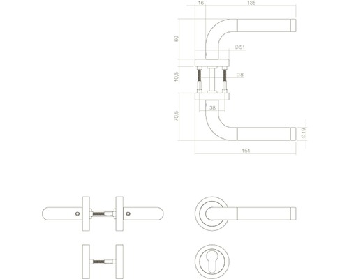 Technische Zeichnung eines Türdrückers mit Maßangaben