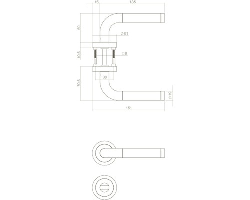 Technische Zeichnung eines Türdrückers mit Maßangaben.