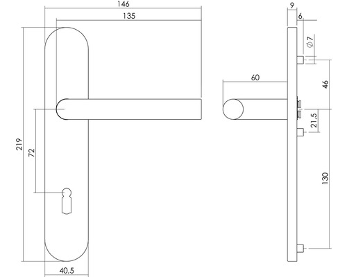 Technische Zeichnung eines Türdrückers mit Maßen