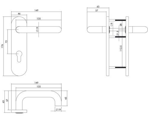 Technische Zeichnung eines Türdrückers mit Maßangaben