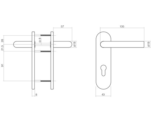 Technische Zeichnung eines Türdrückers mit Maßangaben