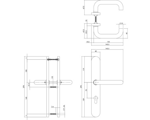 Technische Zeichnung einer Türgriffgarnitur mit Maßangaben