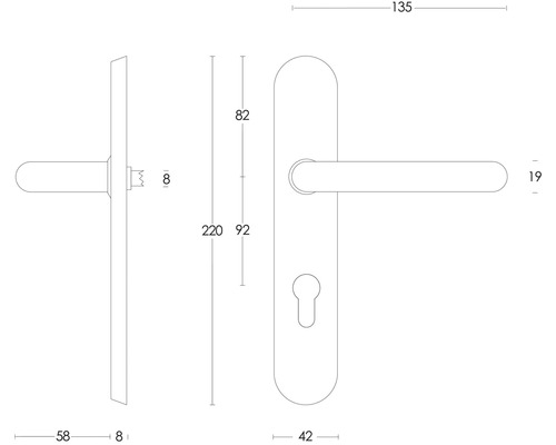 Technische Zeichnung einer Türgarnitur mit Langschild und Maßangaben