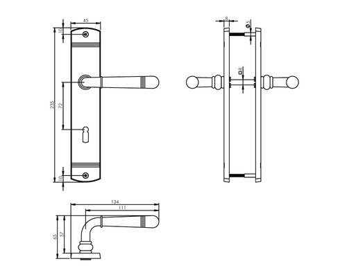 Technische Zeichnung eines Türgriffs mit Maßen