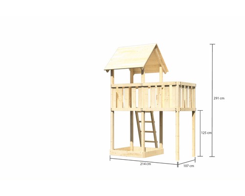 Spielturm aus Holz mit den Maßen 214 cm x 107 cm x 291 cm