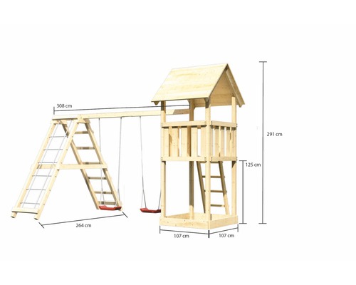 Spielturm mit Schaukel und Leiter aus Holz mit Maßangaben