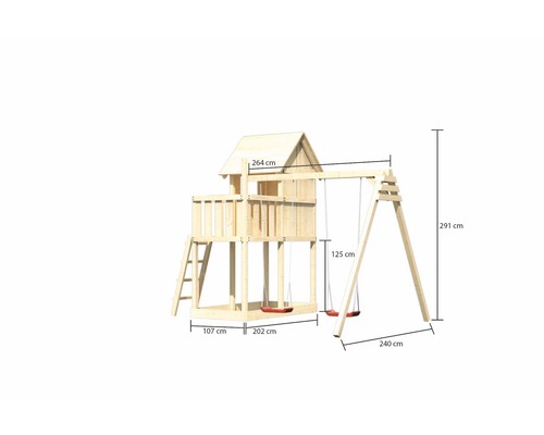 Holzspielturm mit Schaukel und den Maßen 264 cm, 125 cm, 291 cm, 107 cm, 202 cm und 240 cm