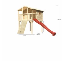 Holzspielhaus mit Rutsche und Leiter, Abmessungen dargestellt