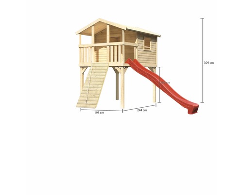Holzspielhaus mit Rutsche und Leiter, Abmessungen dargestellt
