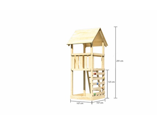 Spielturm aus Holz mit den Maßen 291 cm Höhe, 107 cm Breite und 125 cm Höhe der Kletterwand